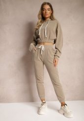Ciemnobeżowy Komplet Dresowy z Dodatkiem Bawełny Spodnie z Gumką w Pasie i Bluza z Kapturem Hasaria. Brązowe bluzy damskie Renee, l, bez wzorów, z bawełny. Za 119.99 zł.