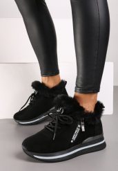 Czarne Sneakersy na Płaskiej Podeszwie z Napisem i Futerkiem Taricea. Czarne obuwie sportowe damskie Renee, bez wzorów, z jeansu. Za 99.99 zł.