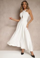 Biała Koktajlowa Sukienka z Wiskozą i Dekoltem Halter Dolmanna. Białe sukienki damskie Renee, l, bez wzorów, z wiskozy, eleganckie, bez kołnierzyka, bez ramiączek, maxi. Za 79.99 zł.