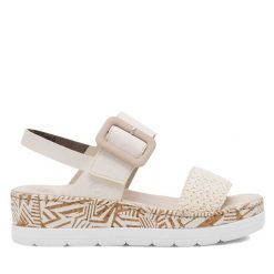 Sandały Rieker. Białe sandały damskie Rieker, bez wzorów, bez obcasa, na koturnie, bez zapięcia. Za 299.99 zł.