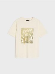 Bawełniana koszulka z krótkim rękawem i złotym nadrukiem - kremowy. Białe t-shirty damskie Sinsay, l, bez wzorów, z bawełny, bez kołnierzyka. Za 25.99 zł.