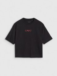 4F T-shirt oversize z nadrukiem damski - czarny M. Czarne koszulki sportowe damskie 4f, m, bez wzorów, z bawełny, klasyczne, bez kołnierzyka. W wyprzedaży za 29.99 zł.