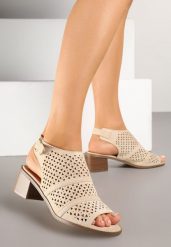 Beżowe Sandały Botki na Słupku z Ażurową Cholewką i Noskiem Peep Toe Lanira. Brązowe botki damskie Born2be, z jeansu, eleganckie, z otwartym noskiem, bez obcasa, na obcasie, bez zapięcia. Za 99.99 zł.