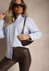 Niebieska Koszula Klasyczna w Delikatne Paseczki Arffia. Niebieskie bluzki damskie Renee, m, bez wzorów, z jeansu, klasyczne, bez kołnierzyka, bez ramiączek. Za 59.99 zł.