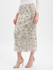 Msch Copenhagen Cekinowa spódnica damska - MSCHMagnolia Kobiety srebrny|złoty wypukły wzór tkaniny, XS. Szare spódnice damskie MSCH Copenhagen, xs, bez wzorów, z tkaniny, eleganckie, midi, ołówkowe. Za 549.95 zł.