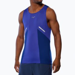 Koszulka do biegania męska Mizuno DryAeroFlow Tank. Niebieskie koszulki sportowe męskie Mizuno, m, bez wzorów, z materiału, bez kołnierzyka, bez ramiączek, do biegania. Za 119.99 zł.