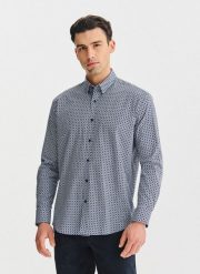 PAKO LORENTE – Granatowa koszula we wzór geometryczny. Koszule męskie Pako Lorente, xxl, bez wzorów, z bawełny, bez kołnierzyka, bez ramiączek. Za 299.99 zł.