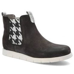 Botki damskie Karino, wsuwane na stabilnej platformie, czarno-srebrne, 1208. Czarne botki damskie Karino, z jeansu, bez obcasa, bez zapięcia. Za 169.00 zł.