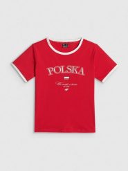 4F Koszulka kibica damska - czerwona XS. Czerwone koszulki sportowe damskie 4f, xs, bez wzorów, z bawełny, bez kołnierzyka, bez ramiączek. Za 59.99 zł.