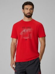 4F T-shirt regular z nadrukiem męski - czerwony XXL. Czerwone t-shirty męskie 4f, m, bez wzorów, z materiału, biznesowe, bez kołnierzyka. Za 69.99 zł.