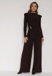 Brązowy Elegancki Komplet Szerokie Spodnie i Bluzka z Usztywnianymi Ramionami Sewesta. Brązowe bluzki damskie Born2be, l, bez wzorów. Za 169.99 zł.