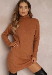 Jasnobrązowa Sukienka Milana. Brązowe sukienki damskie Renee, bez wzorów, z dzianiny, bez kołnierzyka, bez ramiączek, mini. Za 129.99 zł.