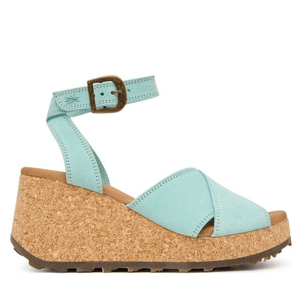 Sandały Fly London. Zielone sandały damskie Fly London, bez wzorów, bez obcasa, na koturnie, bez zapięcia. Za 520.99 zł.