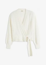 Sweter kopertowy z ozdobnym elementem. Białe swetry damskie bonprix, bez wzorów, eleganckie, bez kołnierzyka, bez ramiączek, bez kaptura. Za 149.99 zł.