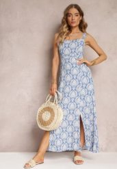 Niebieska Wiskozowa Sukienka Maxi w Kwiaty z Cienkimi Gumkami Janitza. Niebieskie sukienki damskie Renee, na lato, l, bez wzorów, z wiskozy, bez kołnierzyka, bez ramiączek, maxi. Za 74.99 zł.