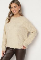 Beżowy Sweter o Luźnym Kroju i Wzorzystym Splocie ze Ściągaczami Elondrae. Brązowe swetry damskie Born2be, uniwersalny, bez wzorów, z bawełny, eleganckie, bez kołnierzyka, bez ramiączek, długie, bez kaptura. Za 149.99 zł.