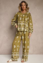 Ciemnozielony Komplet w Stylu Etno Spodnie z Gumką w Pasie i Bluzka Oversize Eviralyn. Zielone bluzki damskie Renee, bez wzorów, eleganckie, bez kołnierzyka, bez ramiączek. Za 89.99 zł.
