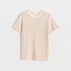 T-shirt regular w paski - pomarańczowy. Brązowe t-shirty męskie Reserved, l, bez wzorów, z bawełny, bez kołnierzyka. W wyprzedaży za 35.99 zł.