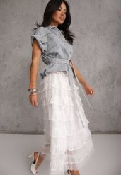 Jasnoniebieski Wiskozowo-Bawełniany Komplet Spódnica z Falbanami i Koszula z Wiązaniem Aethecea. Niebieskie spódniczki dla dziewczynek Renee, bez wzorów, z bawełny. Za 309.99 zł.