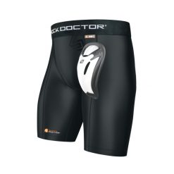 Spodenki kompresyjne Shock Doctor avec Bioflex Cup noir. Czarne krótkie spodenki sportowe męskie SHOCK DOCTOR, m, bez wzorów, z materiału, do piłki ręcznej. Za 258.00 zł.