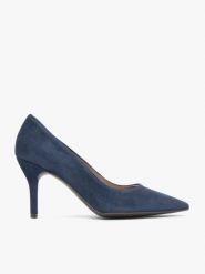 Granatowe czółenka na szpilce. Niebieskie czółenka damskie Ryłko, bez wzorów, z gumy, eleganckie, bez obcasa, na szpilce, bez zapięcia. Za 379.99 zł.