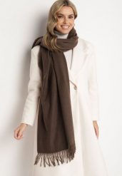 Ciemnobrązowy Szalik z Bawełną i Wiskozą Ozdobiony Frędzlami Siadortia. Brązowe szaliki i chusty damskie Born2be, bez wzorów, z bawełny, biznesowe. Za 49.99 zł.