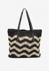 Czarno-Kremowa Torebka z Plecionki na Cienkich Rączkach Saspia. Czarne torebki do ręki damskie Born2be, bez wzorów, eleganckie, bez dodatków. Za 129.99 zł.