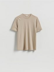 T-shirt regular z wiskozą - beżowy. Brązowe t-shirty męskie Reserved, l, bez wzorów, z dzianiny, bez kołnierzyka. Za 89.99 zł.