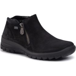 Półbuty RIEKER - L7160-00 Schwarz. Czarne półbuty damskie Rieker, bez wzorów, z nubiku, bez obcasa, na płaskiej podeszwie, bez zapięcia. Za 289.00 zł.