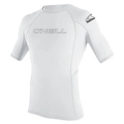 Koszulka do pływania męska O'Neill Basic Skins Rash Guard. Białe koszulki sportowe męskie O'Neill, na lato, m, bez wzorów, z elastanu, bez kołnierzyka, bez ramiączek, do pływania. Za 94.99 zł.