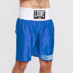 Spodenki bokserskie Leone pantaloncino. Niebieskie krótkie spodenki sportowe męskie LEONE 1947, l, bez wzorów, z materiału. Za 194.50 zł.