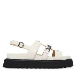 Sandały PINKO. Białe sandały damskie Pinko, bez wzorów, bez obcasa, na płaskiej podeszwie, bez zapięcia. Za 1,222.99 zł.