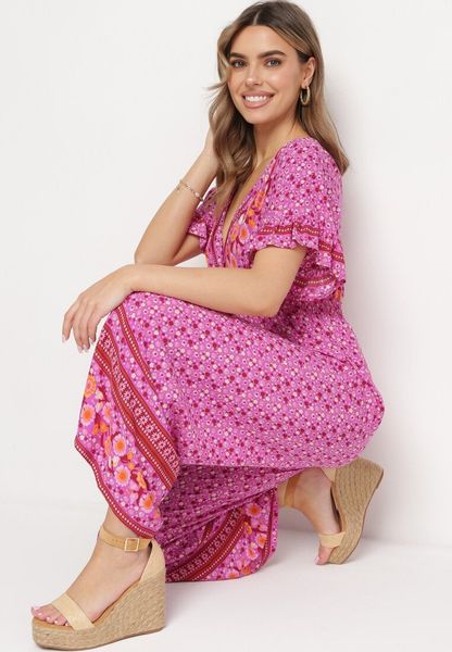 Fioletowy Bawełniany Kombinezon z Gumkami w Pasie i Kopertowym Dekoltem Zapinany z Tyłu na Guziki Lorrania. Fioletowe sukienki damskie Born2be, na co dzień, na lato, l, bez wzorów, z bawełny, eleganckie, bez kołnierzyka, bez ramiączek, mini, kopertowe. Za 49.99 zł.