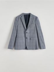 Marynarka slim fit z domieszką lnu - granatowy. Niebieskie marynarki męskie Reserved, bez wzorów, z tkaniny. W wyprzedaży za 229.99 zł.