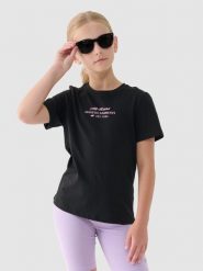 4F T-shirt z nadrukiem dziewczęcy - czarny 128 (7-8 lat). Czarne t-shirty i topy dla dziewczynek 4f, bez wzorów, z bawełny, bez ramiączek. W wyprzedaży za 19.99 zł.