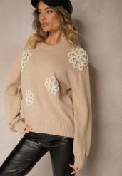 Beżowy Sweter z Bawełną Ozdobiony Kwiatami 3D Esenavia. Brązowe swetry damskie Renee, z aplikacjami, z bawełny, biznesowe, bez kołnierzyka, bez ramiączek, długie, bez kaptura. Za 129.99 zł.