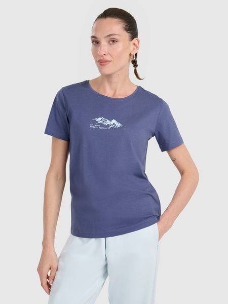 4F T-shirt regular z nadrukiem damski - granatowy S. Niebieskie t-shirty damskie 4f, s, bez wzorów, z bawełny, bez kołnierzyka. W wyprzedaży za 49.99 zł.