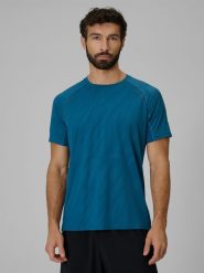 4F Koszulka do biegania szybkoschnąca męska - turkusowa XL. Niebieskie koszulki sportowe męskie 4f, m, bez wzorów, z tkaniny, bez kołnierzyka, bez ramiączek, do biegania. Za 129.99 zł.