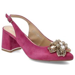 Różowe Sandały Armodo Eleganckie Obuwie Damskie. Czerwone klapki damskie Armodo, z aplikacjami, z weluru, bez obcasa, na obcasie, bez zapięcia. Za 499.00 zł.