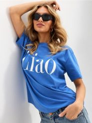 Bawełniana koszulka z napisem Ciao - niebieski. Niebieskie t-shirty damskie Sinsay, l, bez wzorów, z bawełny, bez kołnierzyka. Za 25.99 zł.