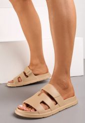 Ciemnobeżowe Piankowe Klapki z Wycięciami Vasama. Brązowe klapki damskie Born2be, bez wzorów, bez obcasa, na płaskiej podeszwie. Za 49.99 zł.