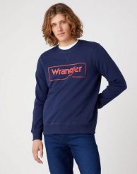 WRANGLER FRAME LOGO CREW MĘSKA BLUZA KLASYCZNA NADRUK NAVY W662HA114 112320240. Niebieskie bluzy męskie Wrangler, l, bez wzorów, z bawełny, bez kaptura. W wyprzedaży za 89.99 zł.