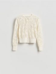 Ażurowy kardigan - złamana biel. Kardigany damskie Reserved, l, w ażurowe wzory, z bawełny, klasyczne. Za 99.99 zł.