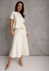 Beżowy Komplet z Wiskozą Bluzka z Guzikami i Baskinką i Spódnica Narinna. Brązowe bluzki damskie Renee, m, bez wzorów, z kauczuku, eleganckie, baskinki. Za 199.99 zł.