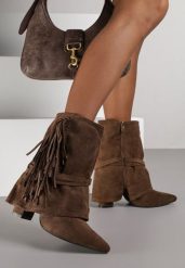 Brązowe Botki Boho z Cholewką Imitującą Nogawkę i Frędzlami Zaslie. Brązowe botki damskie Renee, z jeansu, boho, bez obcasa, na obcasie, bez zapięcia. Za 169.99 zł.