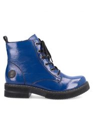 Rieker Trzewiki 72010-15 Niebieski. Niebieskie botki damskie Rieker, z materiału, bez obcasa, na płaskiej podeszwie, bez zapięcia. Za 269.99 zł.