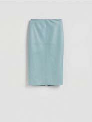 Spódnica midi z rozcięciem - jasnoniebieski. Niebieskie spódnice damskie Reserved, l, bez wzorów, ze skóry, midi, proste. Za 149.99 zł.