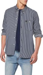 LEE RIVETED SHIRT RELAXED FIT MĘSKA KOSZULA MATERIAŁOWA W PASKI WASHED BLUE L66ITPLR 112116464. Niebieskie koszule męskie Lee, l, bez wzorów, z materiału, bez kołnierzyka, bez ramiączek. Za 129.99 zł.