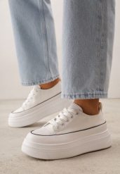 Białe Trampki VICES na Grubej Podeszwie Zdobione Lamówką Riosara. Białe obuwie sportowe damskie Born2be, z aplikacjami, z jeansu. Za 84.99 zł.