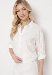 Biała Koszula na Guziki z Podwijanymi Rękawami Astarial. Białe bluzki damskie Born2be, l, bez wzorów, biznesowe, bez kołnierzyka, bez ramiączek. Za 49.99 zł.